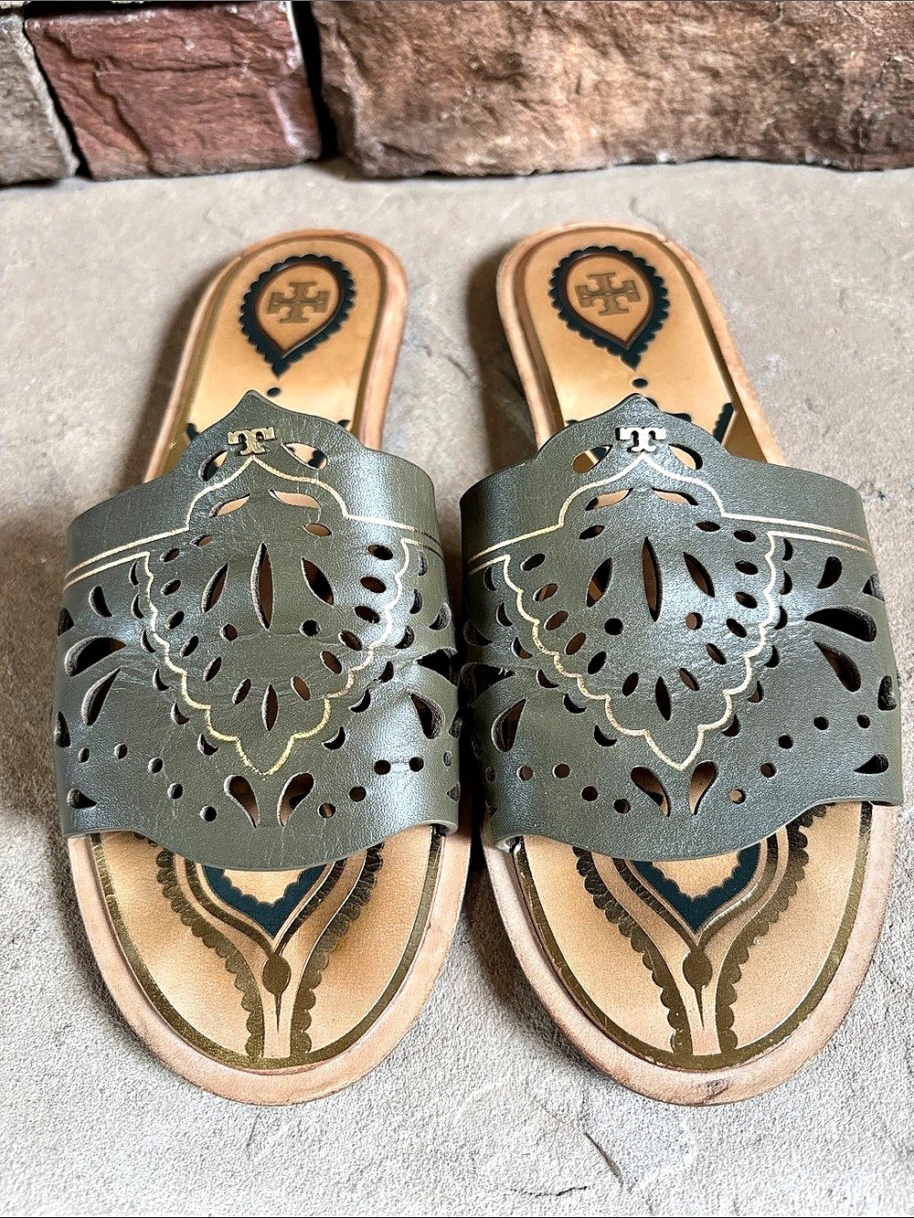 Tory Burch Annika Flat Slide Sandal Green & Brown US 9.5